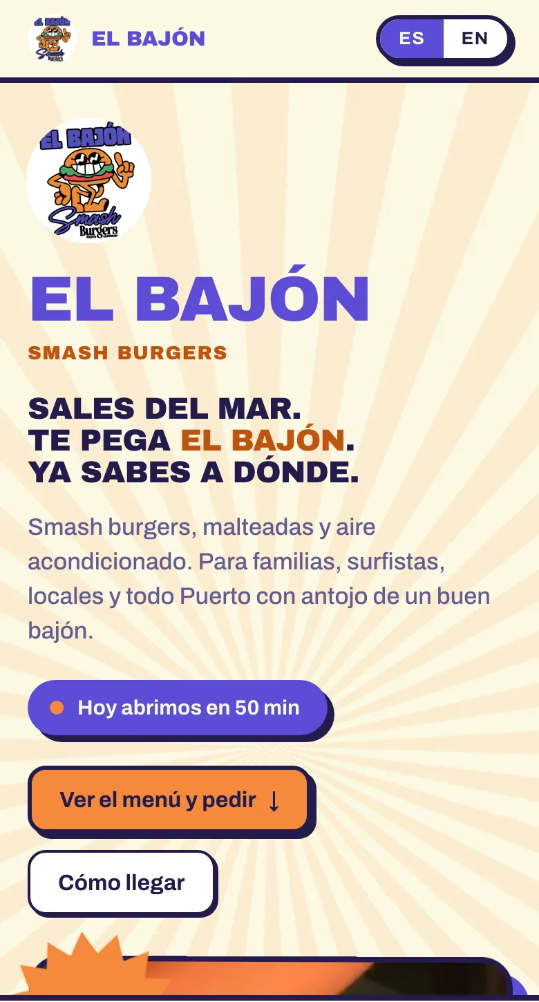 El Bajón Smash Burgers, página de restaurante con pedidos por WhatsApp